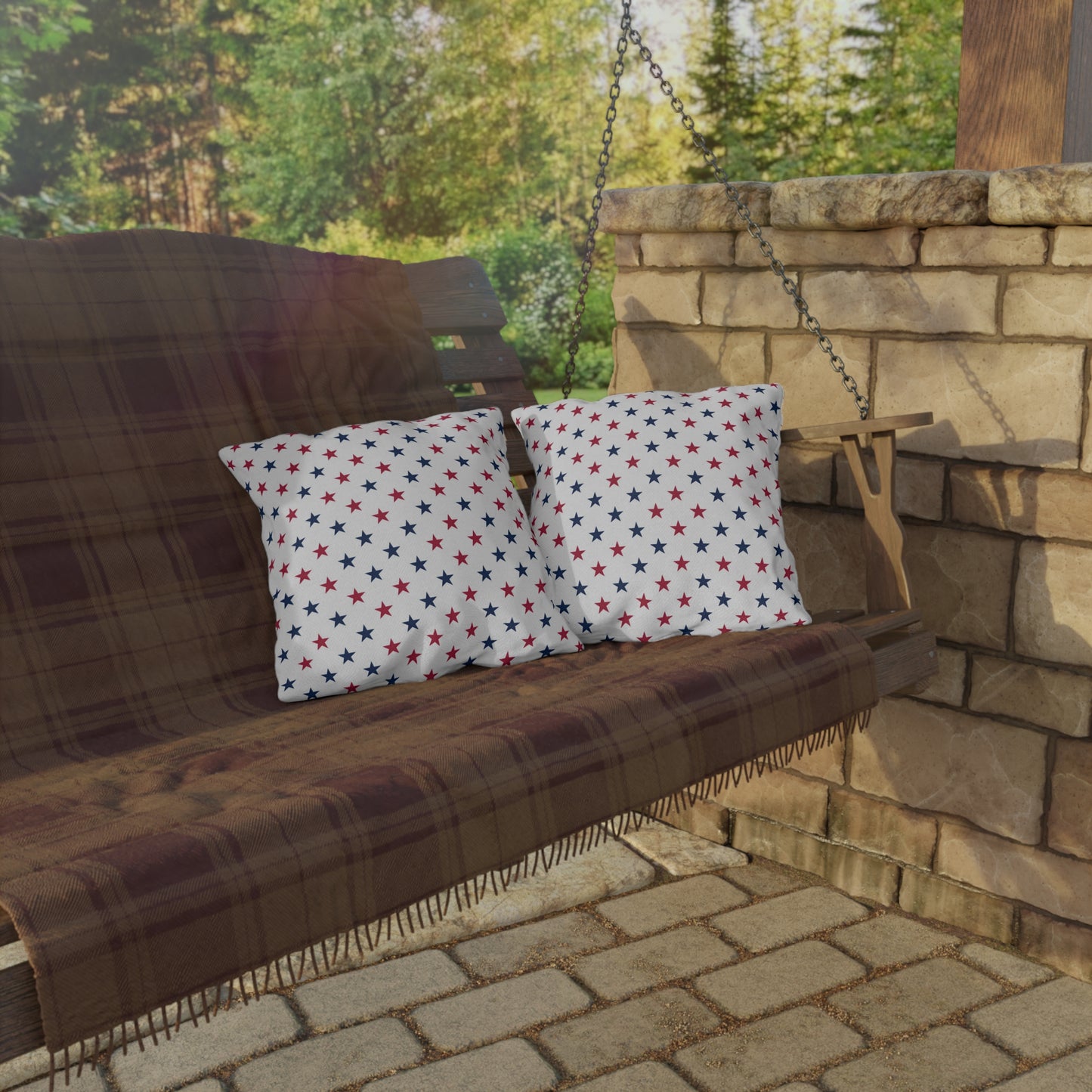 Trendy patriotic throw pillow with scattered red, white, and blue stars—festive, cozy, and perfect for celebrating American pride.
