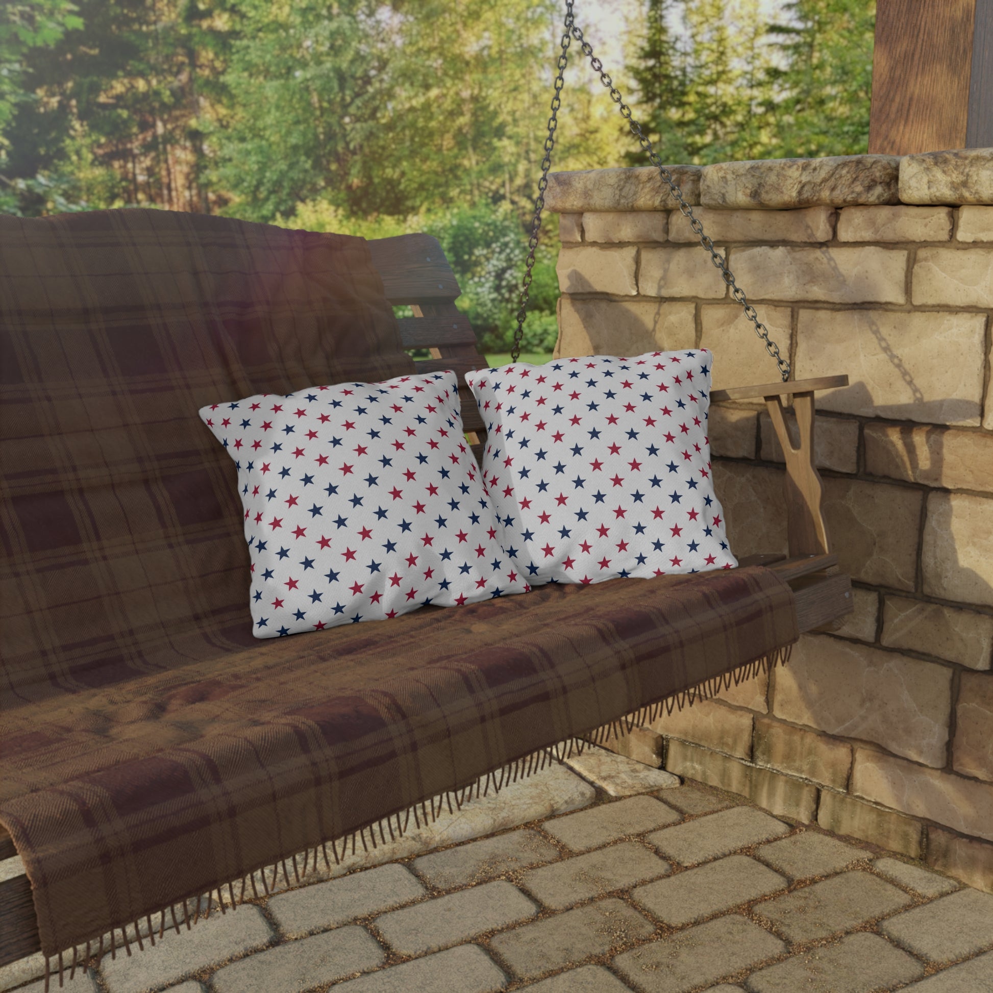 Trendy patriotic throw pillow with scattered red, white, and blue stars—festive, cozy, and perfect for celebrating American pride.
