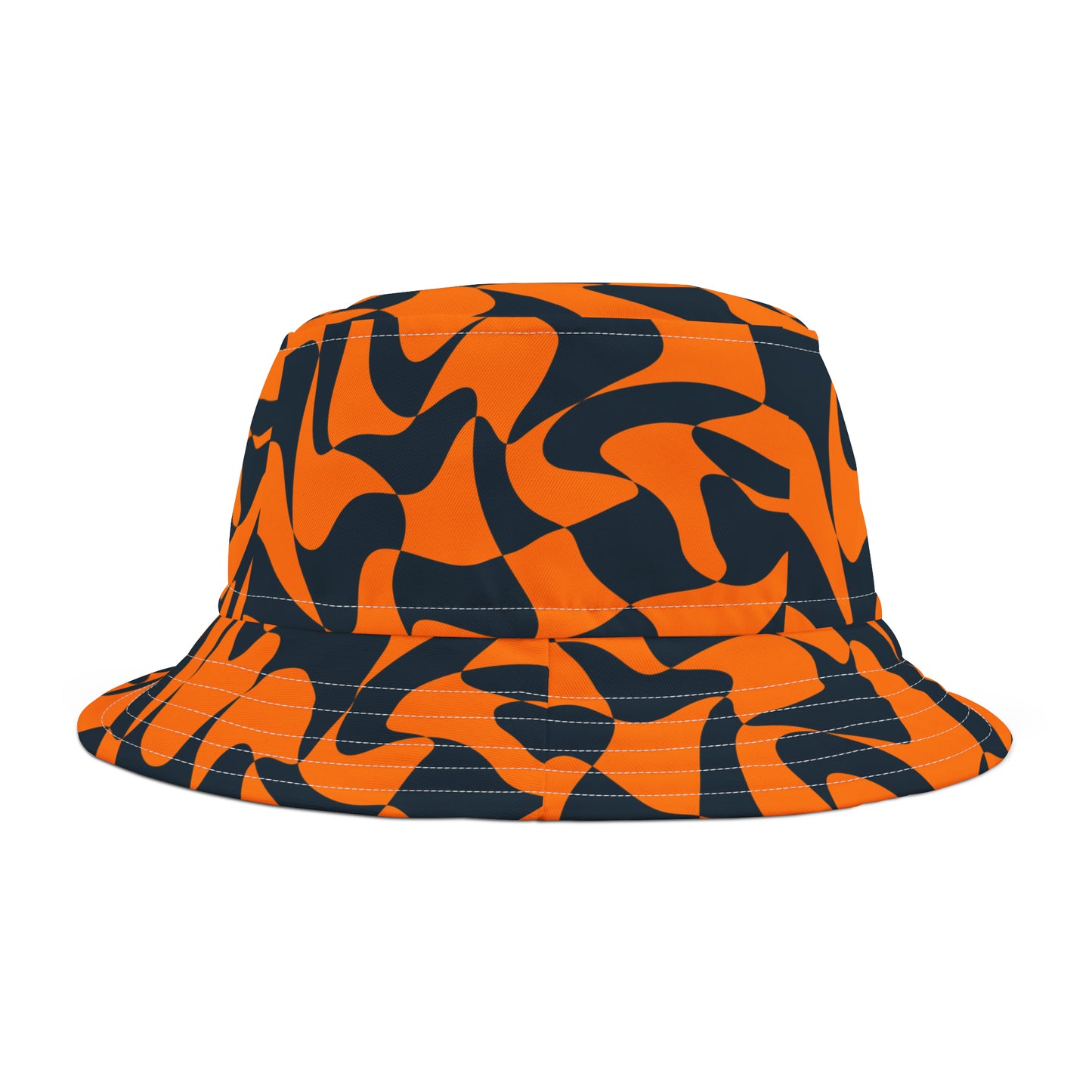 Back view of warped checkered bucket hat in black and orange—lightweight and perfect for Corvallis tailgates