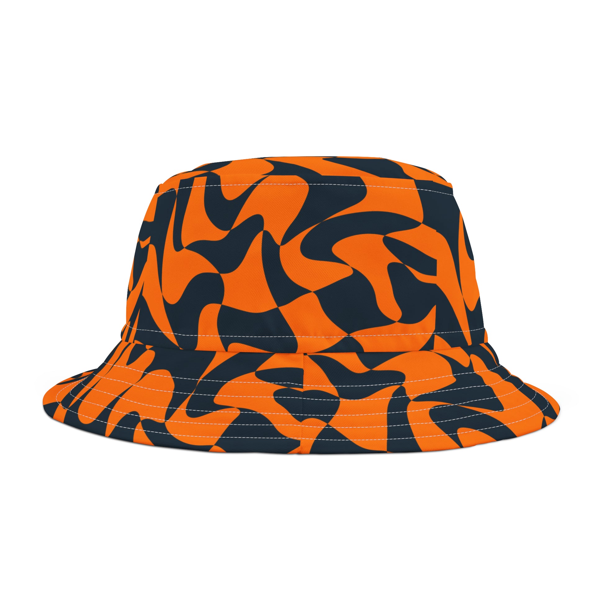 Back view of warped checkered bucket hat in black and orange—lightweight and perfect for Corvallis tailgates