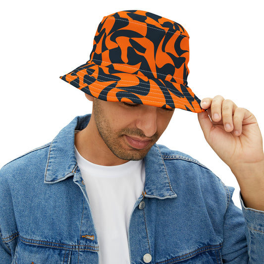 Front view of trippy orange and black checkered bucket hat—styled for Oregon State gamedays with bold pattern and relaxed fit