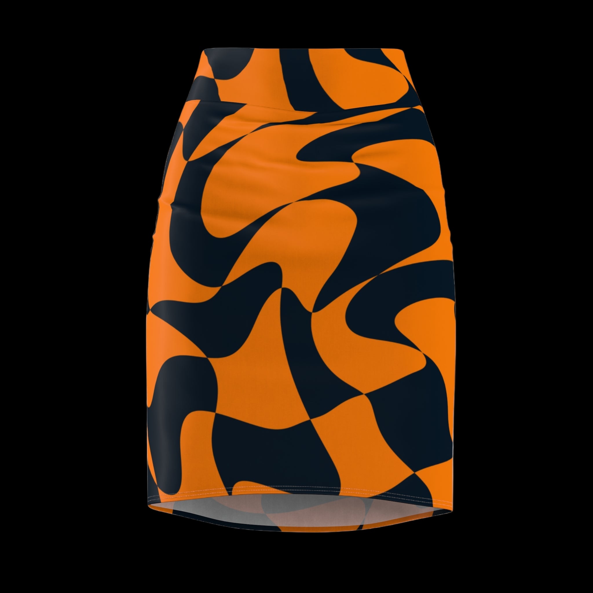 Front view of trippy orange and black checkered skirt—flouncy fit styled for Oregon State gameday fashion