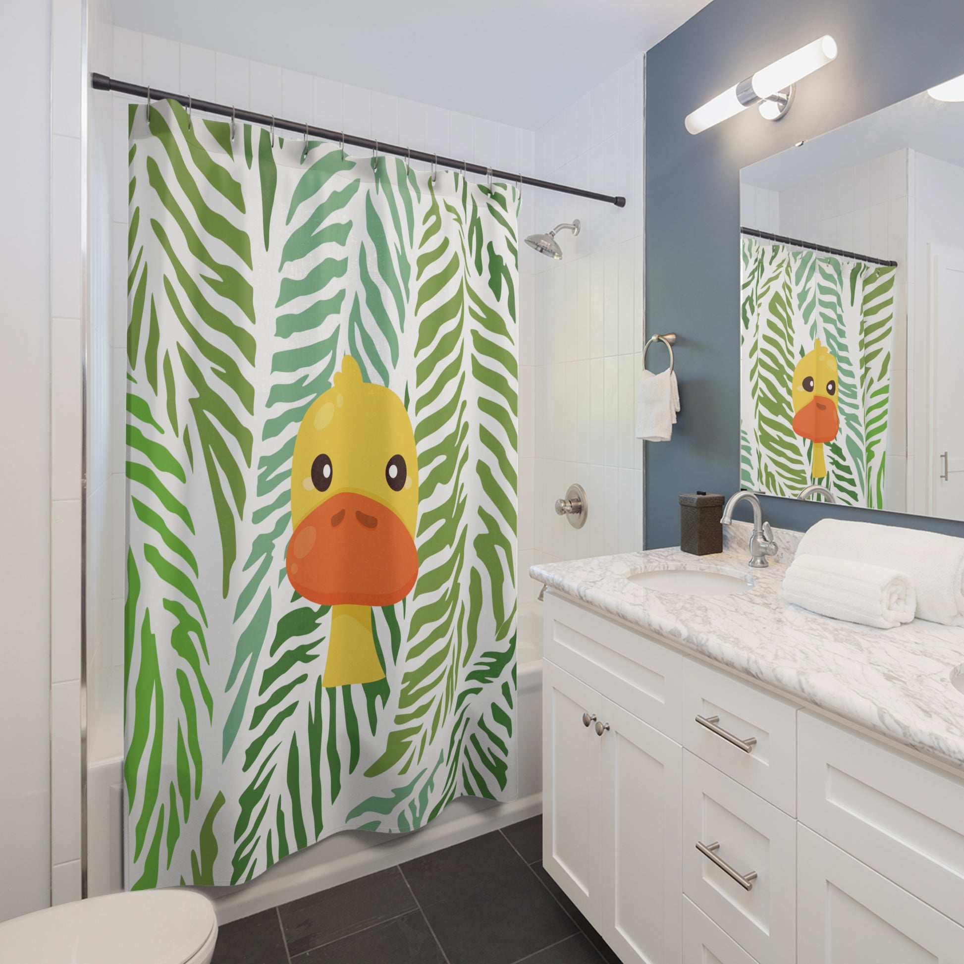 Bold rainforest-inspired curtain featuring vibrant foliage and quirky ducks, perfect for student apartments