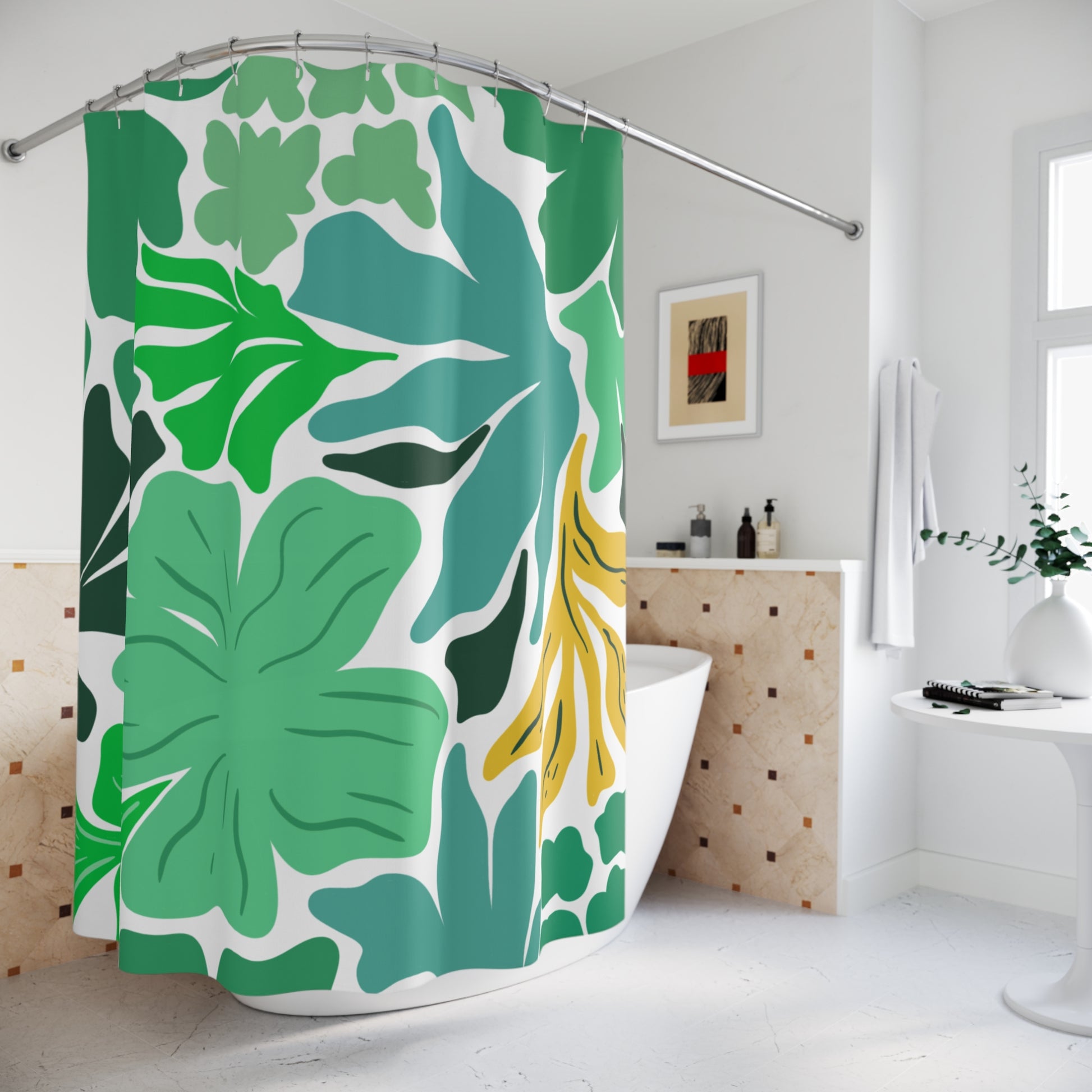 Vibrant jungle-inspired curtain featuring lush flowers and leafy design, perfect for student bathroom decor