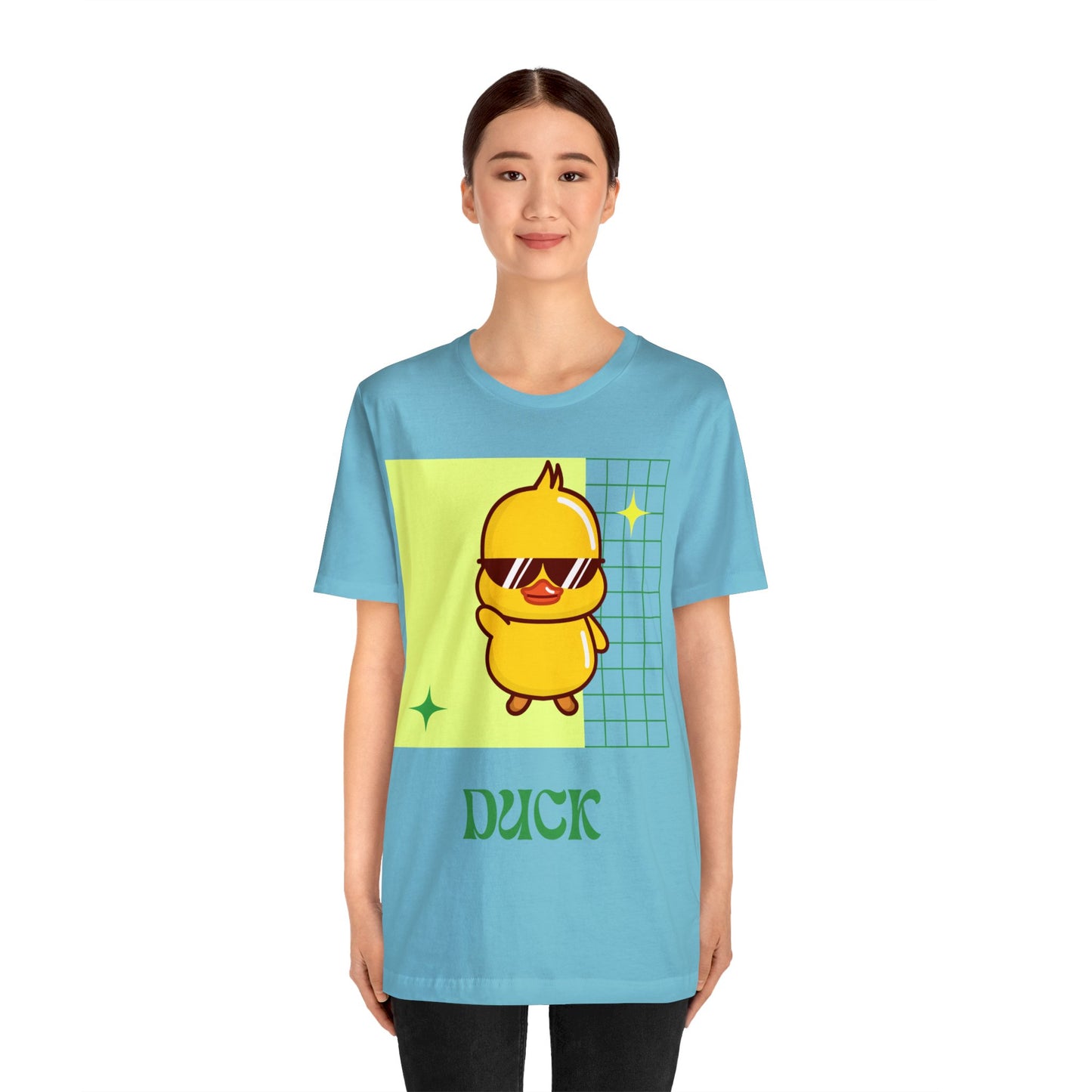 Turquoise Cute Duck Graphic T-Shirt worn at a stadium, delivering vibrant style with fan-friendly energy.