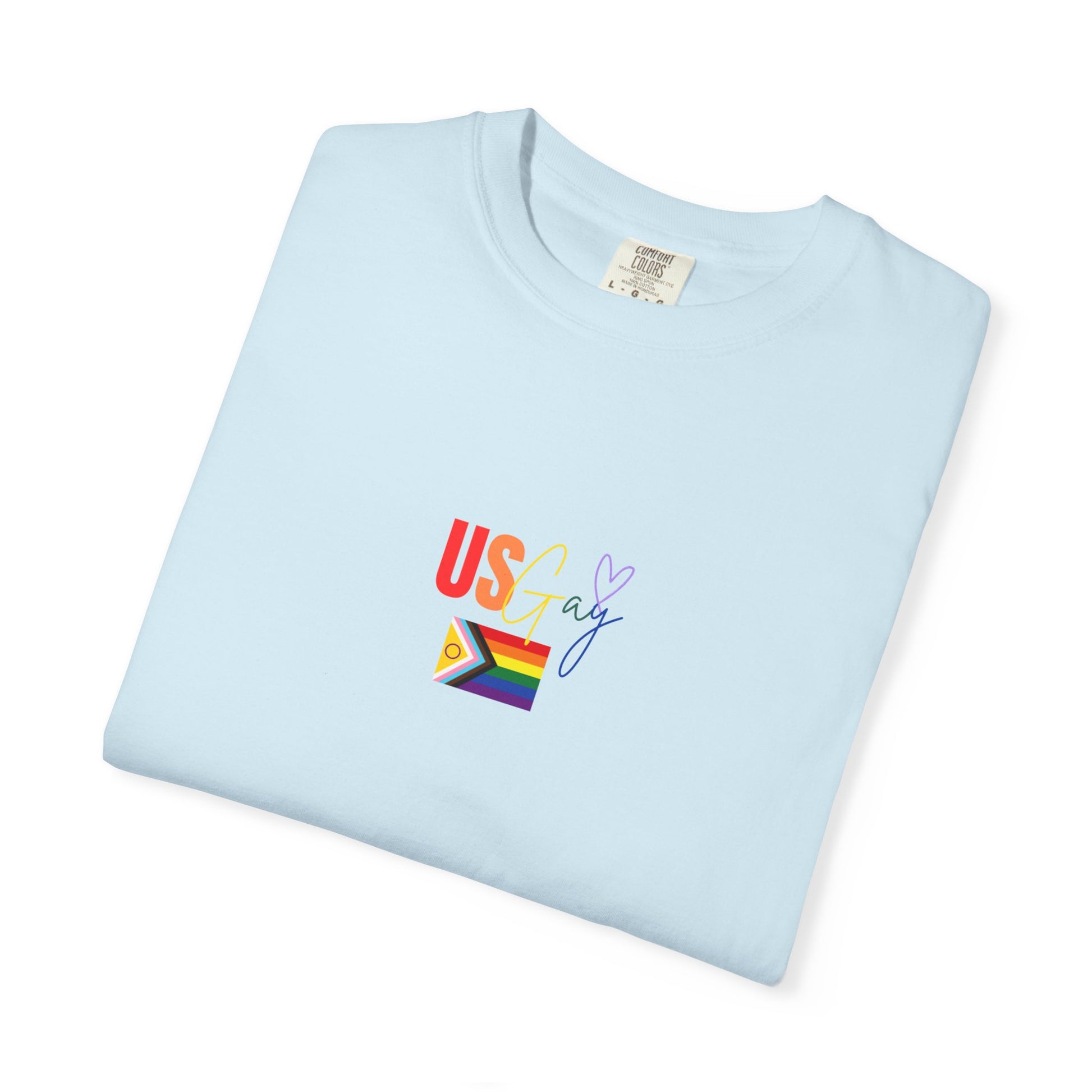 Playful "US Gay" baby blue t-shirt with bold rainbow text and a pride flag, a perfect blend of casual comfort and unapologetic LGBTQ+ pride.