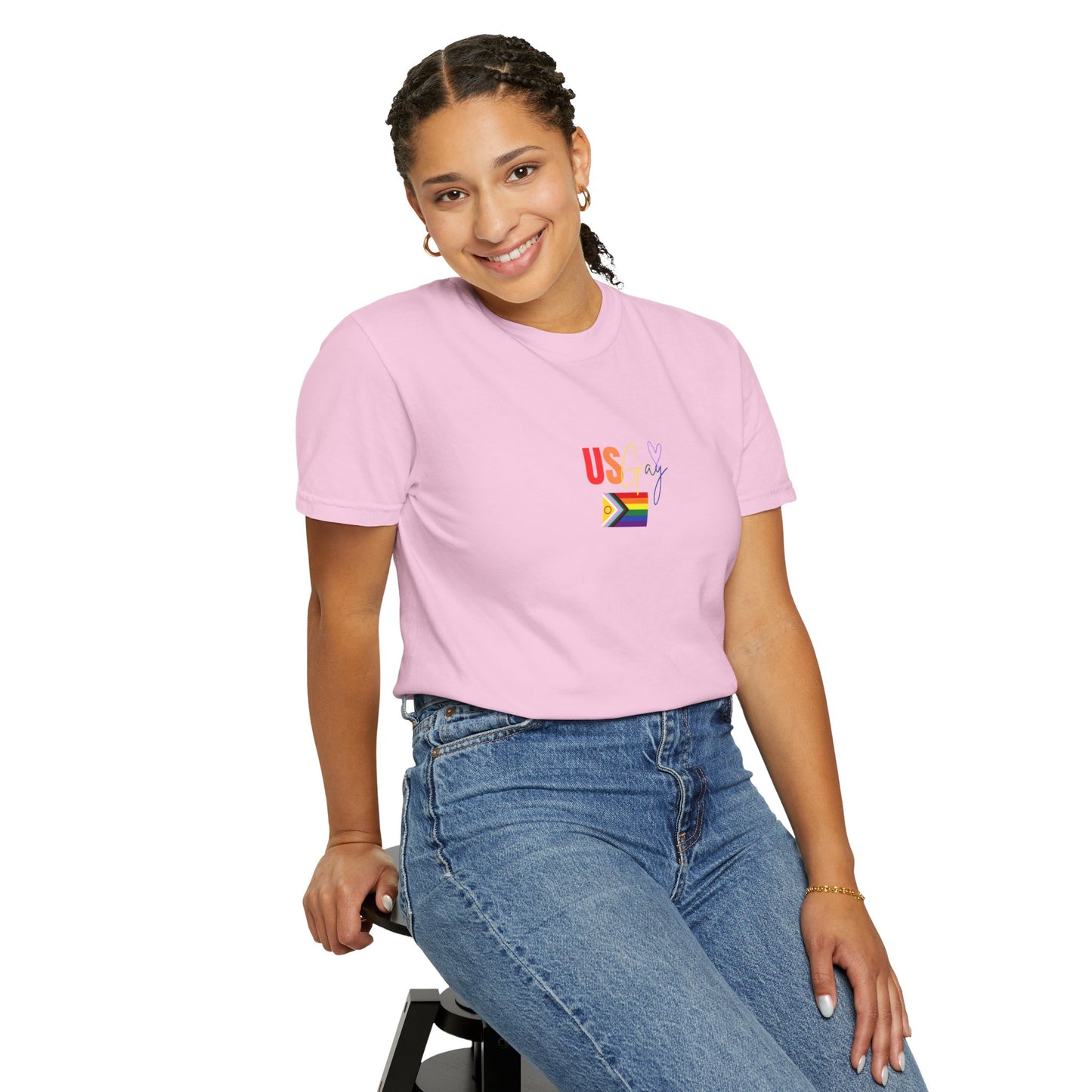Bubblegum pink "US Gay" tee featuring a proudly displayed rainbow Pride flag, designed for loud and unapologetic allyship.