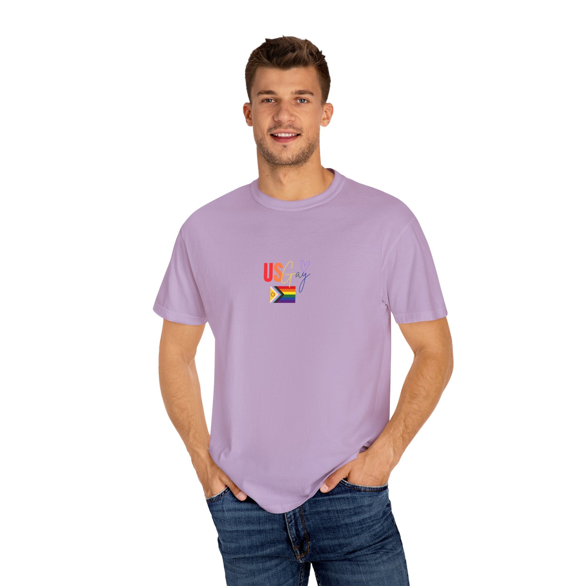 Eye-catching lavender purple "US Gay" t-shirt with bright rainbow typography and a classic Pride flag, perfect for making a fun and confident statement.