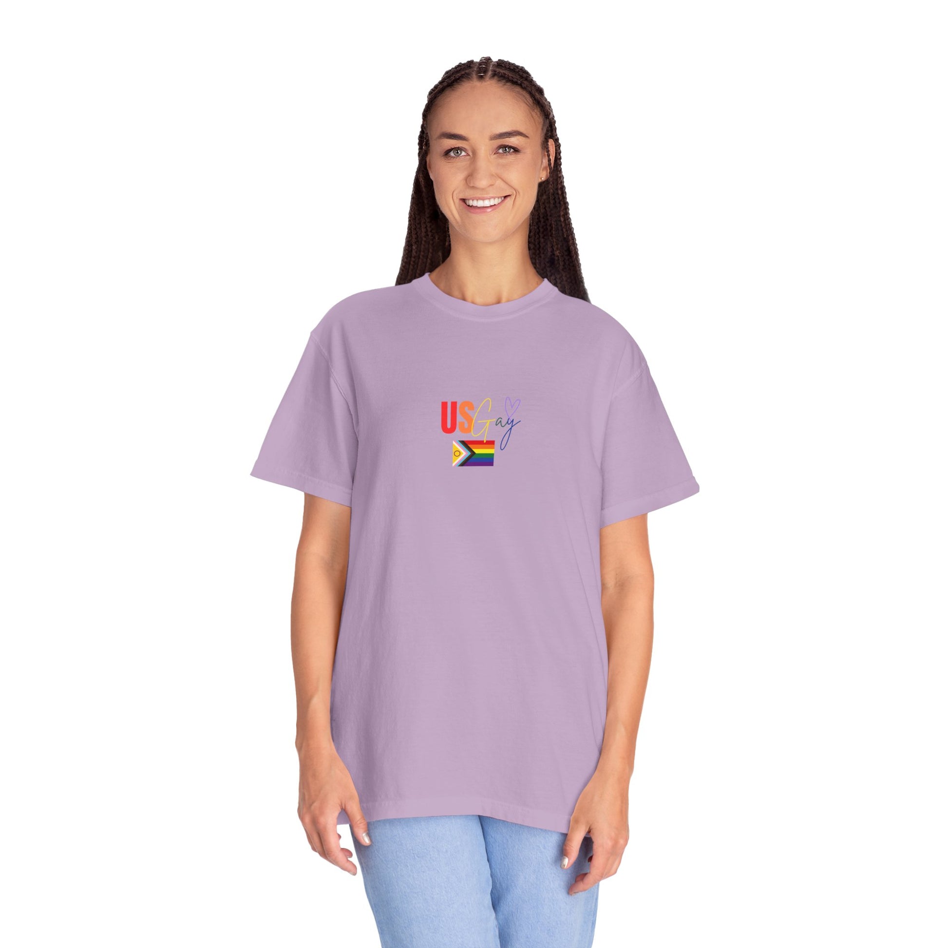 Pastel lavender "US Gay" tee with a colorful Pride flag, a fresh and stylish way to celebrate LGBTQ+ pride and visibility.