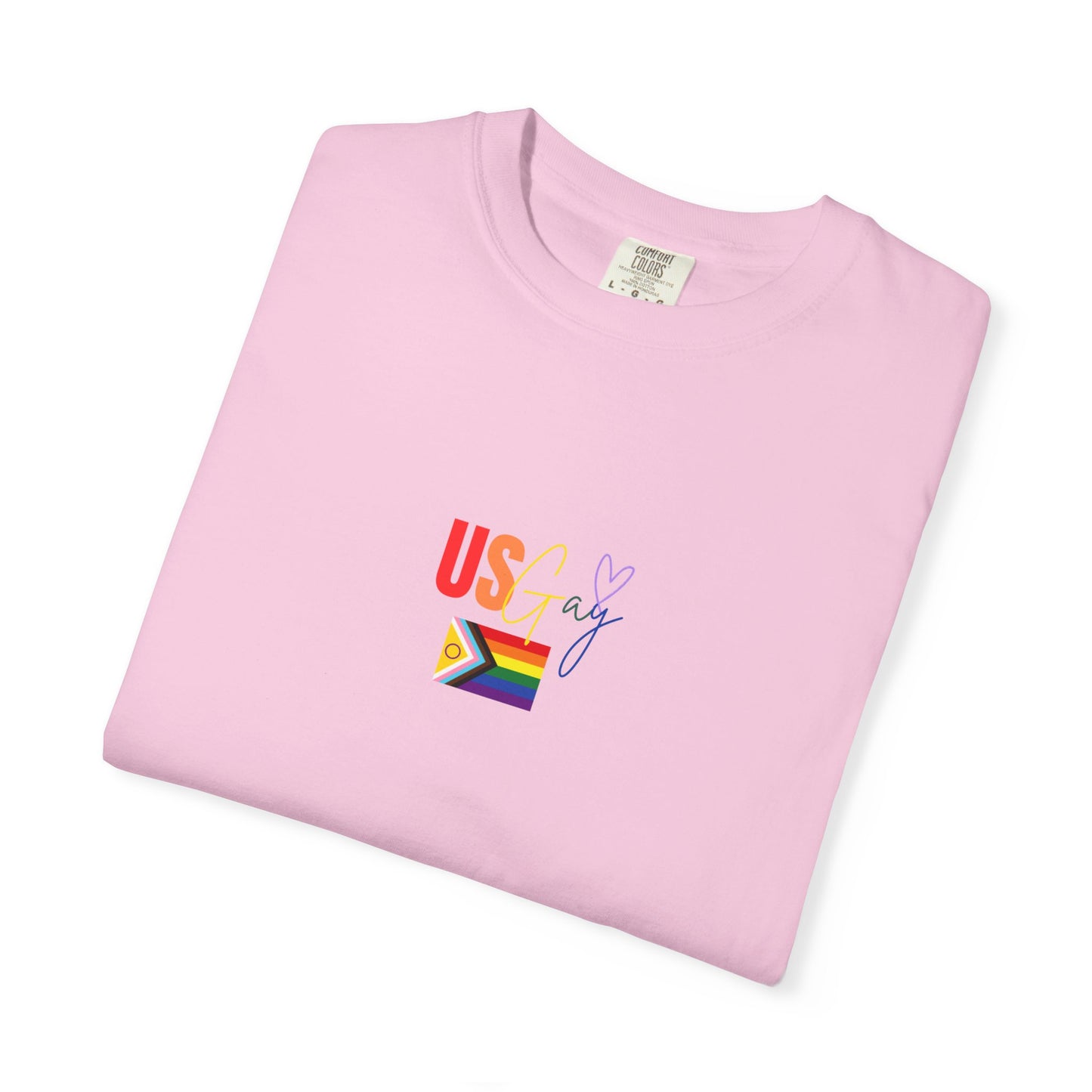 Eye-catching pink "US Gay" Pride t-shirt with a classic rainbow flag, perfect for expressing LGBTQ+ pride in a fun and stylish way.