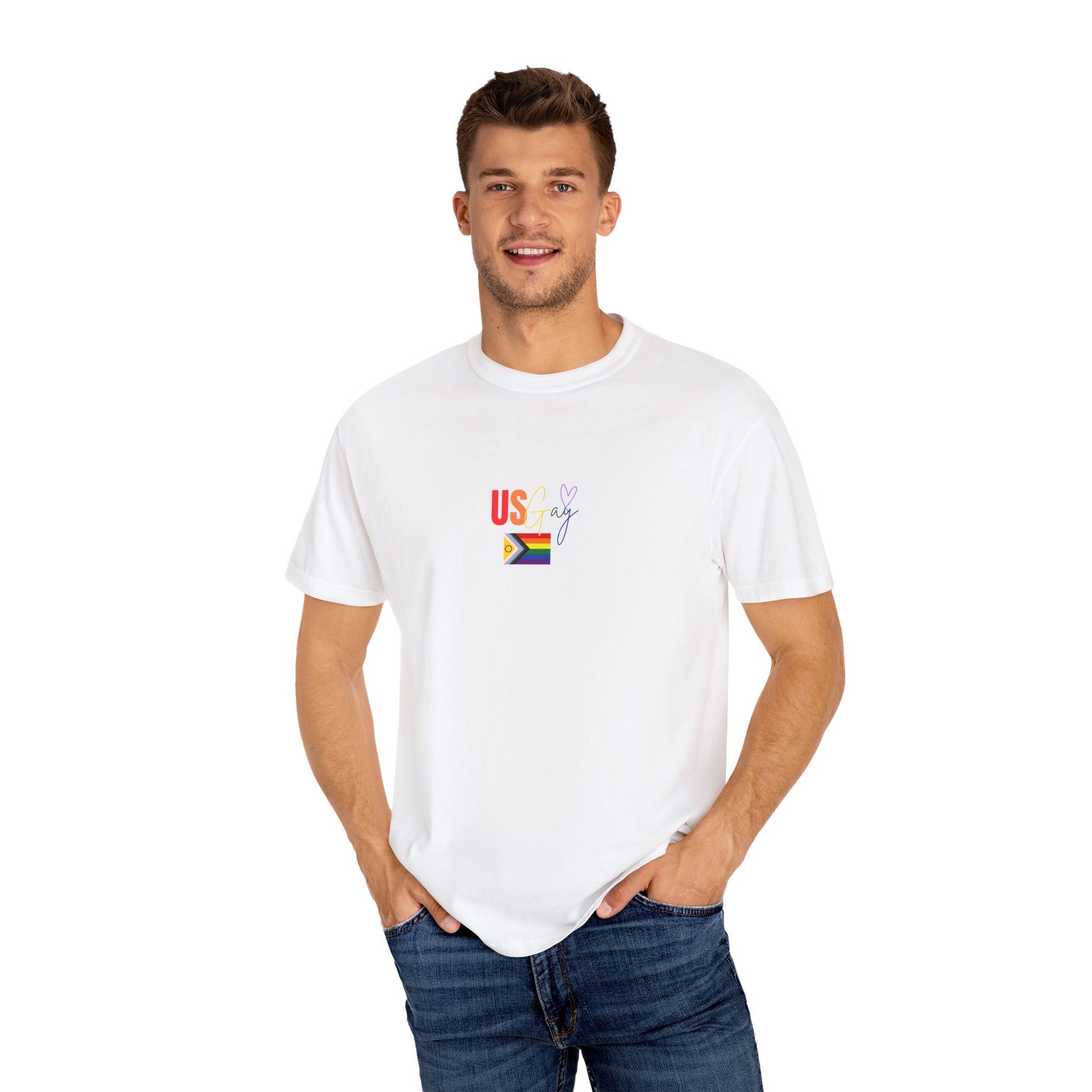 Minimalist white "US Gay" t-shirt with a classic Pride flag, blending simplicity with a strong, unapologetic LGBTQ+ message.