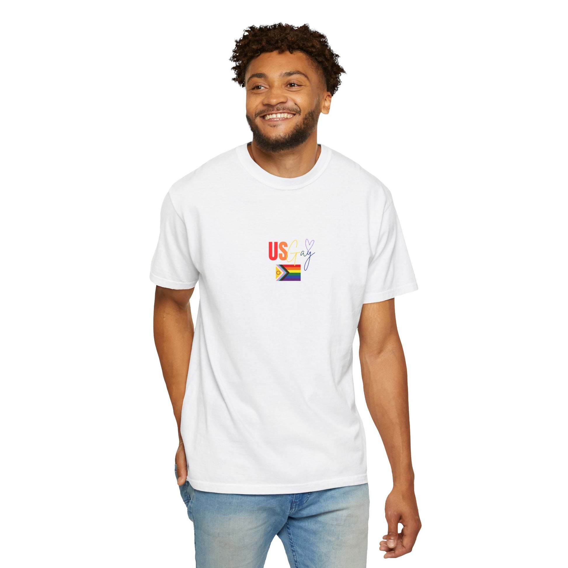 Classic white "US Gay" t-shirt with bold rainbow lettering and a vibrant Pride flag, a timeless statement piece for LGBTQ+ pride and allyship.