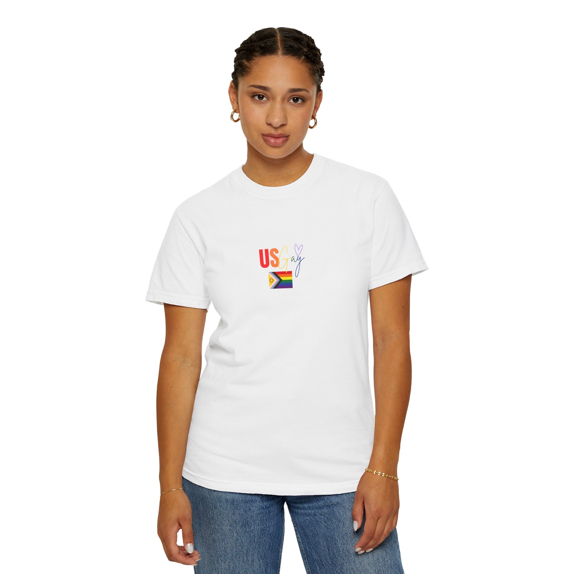 Crisp white "US Gay" tee featuring colorful typography and a bright Pride flag, perfect for showcasing LGBTQ+ pride with a clean, standout design.