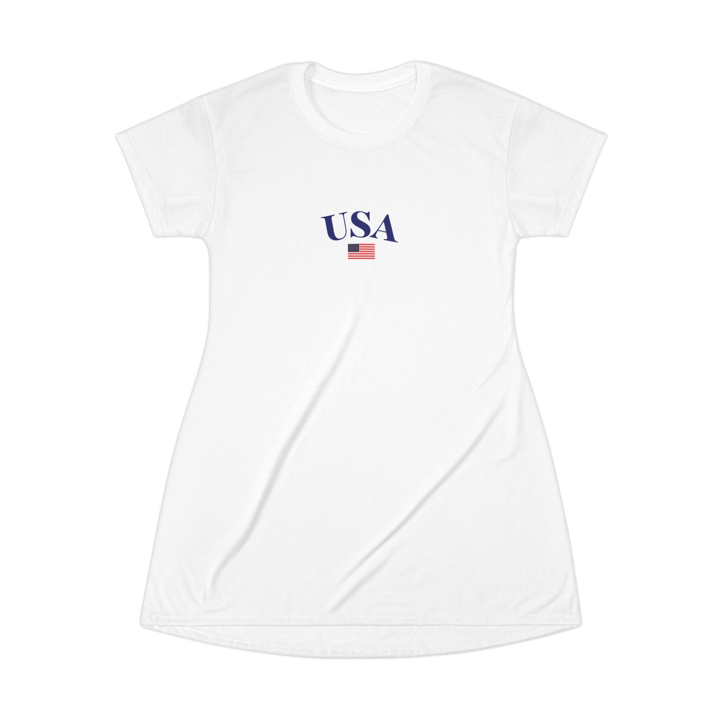 Stylish oversized white Fourth of July t-shirt dress with a vibrant American flag print, blending casual comfort with patriotic flair.