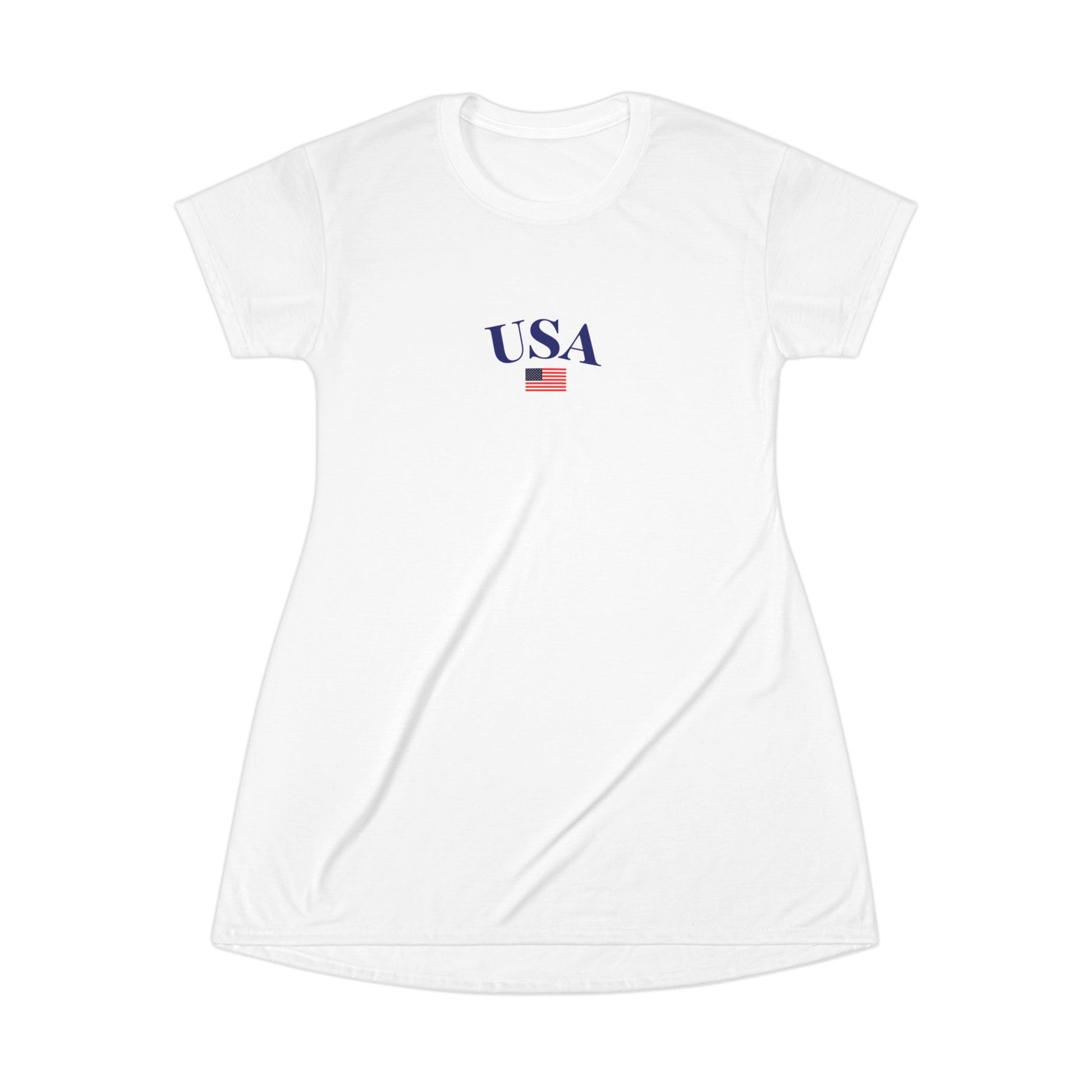 Stylish oversized white Fourth of July t-shirt dress with a vibrant American flag print, blending casual comfort with patriotic flair.