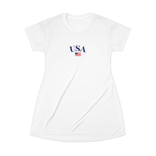 Stylish oversized white Fourth of July t-shirt dress with a vibrant American flag print, blending casual comfort with patriotic flair.