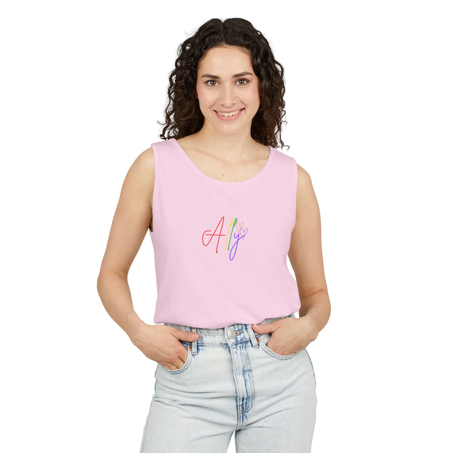 Vibrant Rainbow Ally Pride Tank – A cozy light pink unisex tank top with colorful cursive "Ally," making a bright and empowering statement for equality.