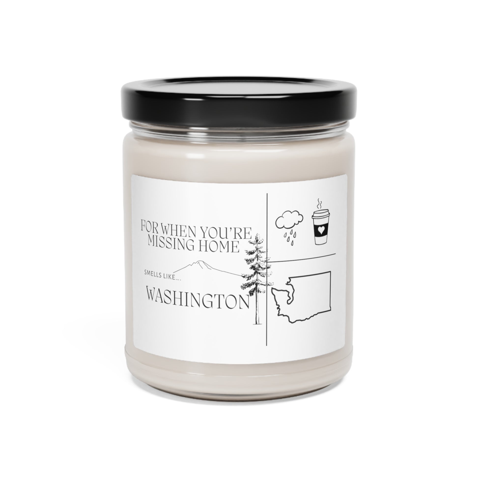 Glass jar candle labeled “Missing Home – Washington,” featuring forest-inspired design and clean white wax—ideal gift for homesick PNW hearts.