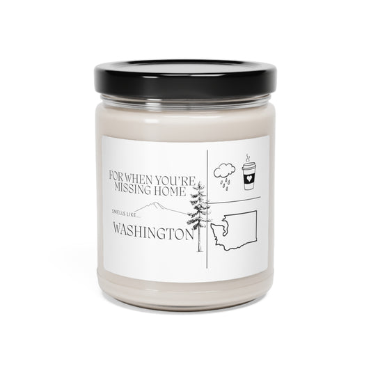 Glass jar candle labeled “Missing Home – Washington,” featuring forest-inspired design and clean white wax—ideal gift for homesick PNW hearts.