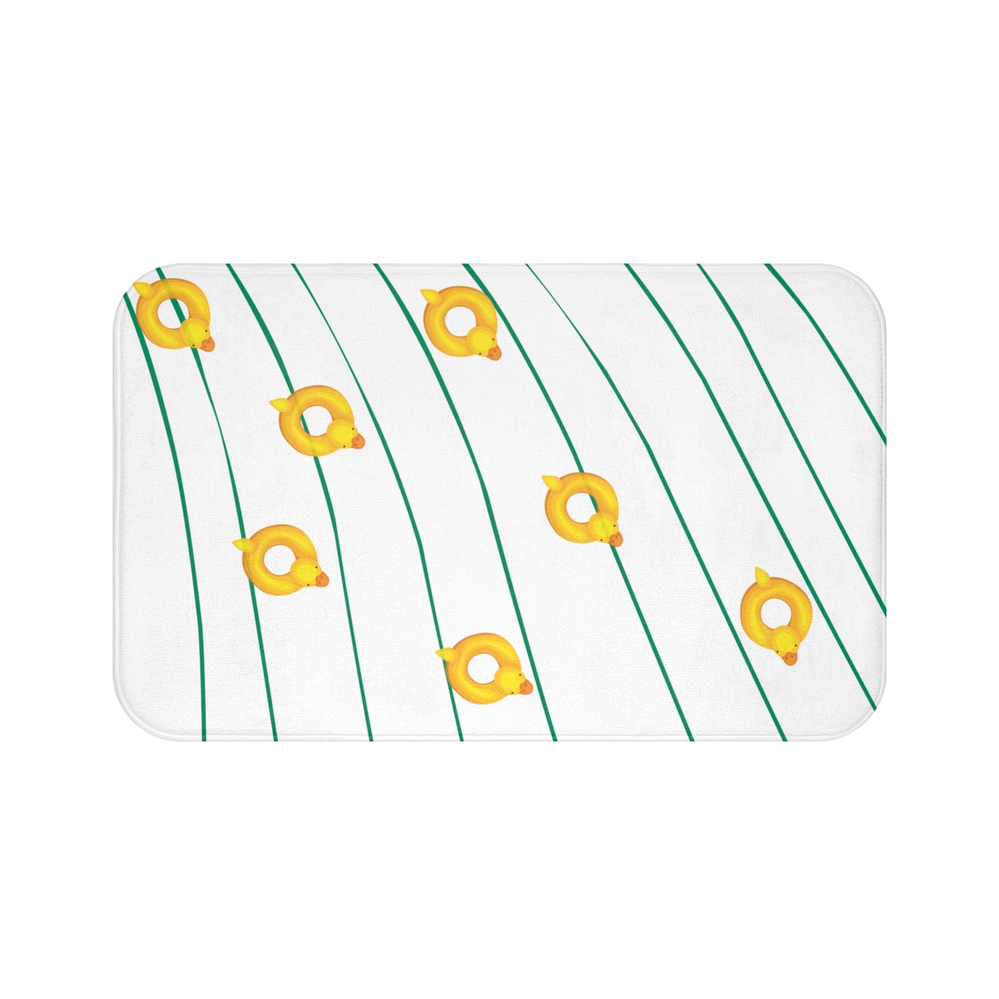 Plush bath mat with wavy river pattern and rubber ducky accents styled in college dorm bathroom