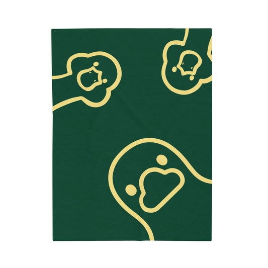 Folded plush blanket in forest green with college-inspired branding “What Up Duck?”