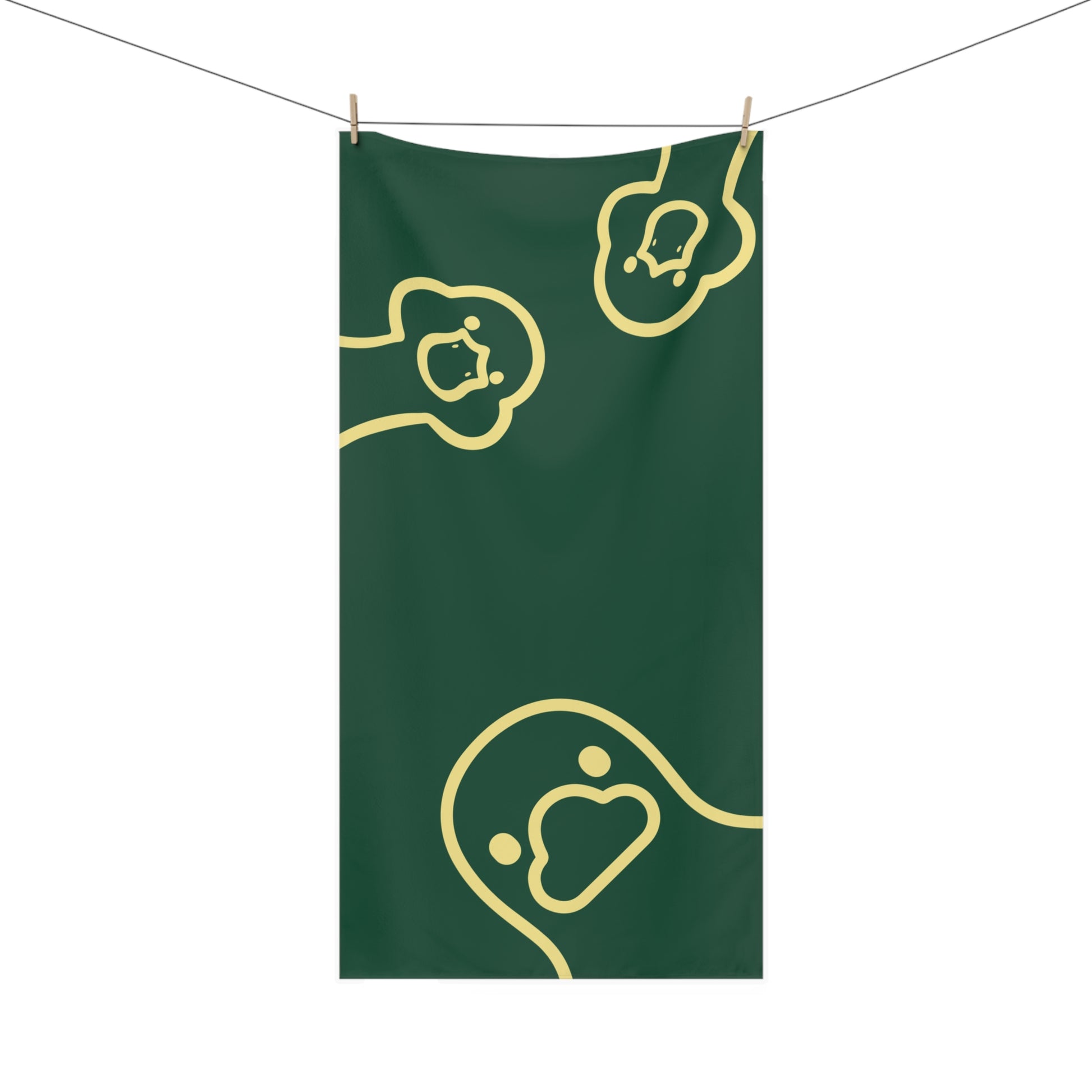 Green bathroom towel with expressive ‘what up’ duck design – bold and funny home accessory for dorms and playful spaces