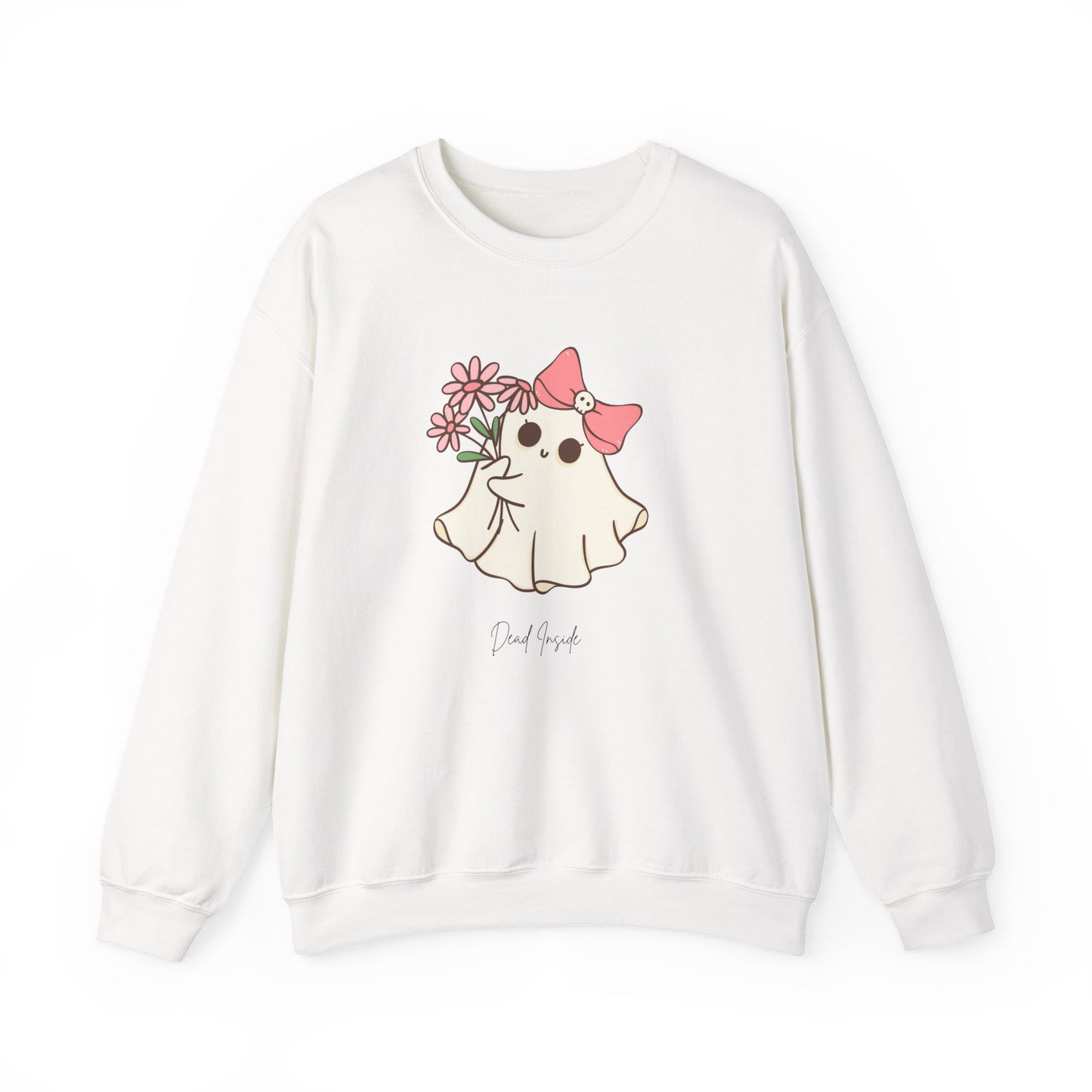 White Halloween sweatshirt with ghost and flower illustration and “dead inside” phrase, styled for soft spooky season fashion.