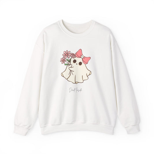 White Halloween sweatshirt with ghost and flower illustration and “dead inside” phrase, styled for soft spooky season fashion.
