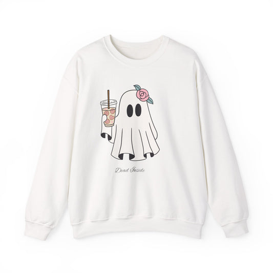 White Halloween sweatshirt with ghost illustration and “dead inside” phrase, styled for soft spooky season fashion.