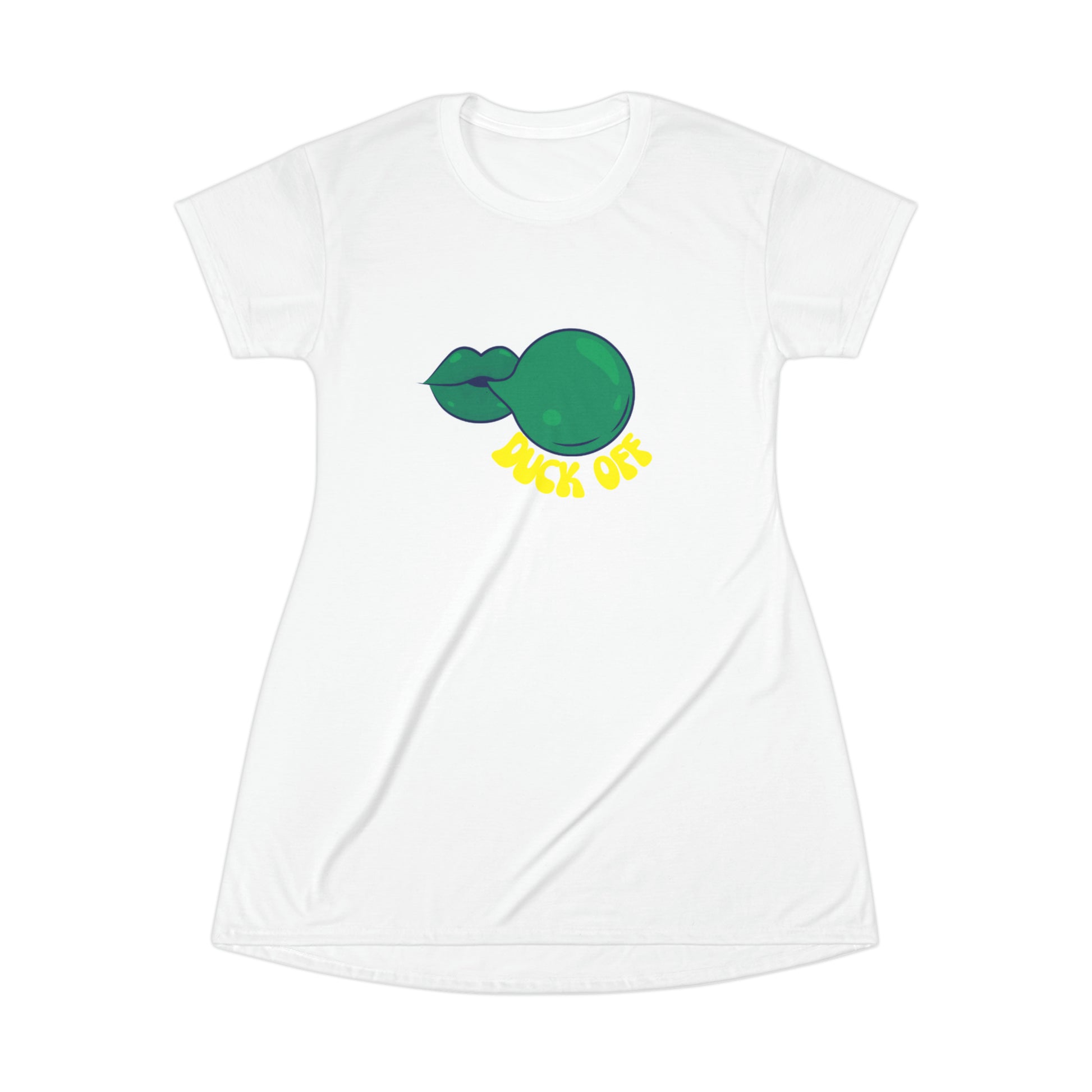 White "Duck Off" T-Shirt Dress styled at a football stadium, blending casual comfort with bold fan energy.