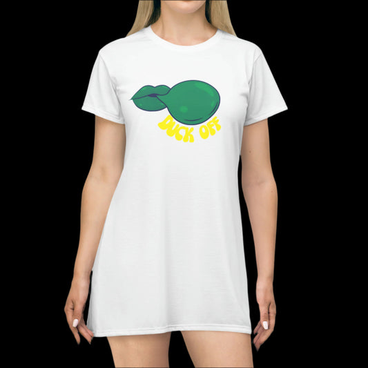 White "Duck Off" T-Shirt Dress worn at a football tailgate, adding a fun and sporty touch to a game-day outfit.
