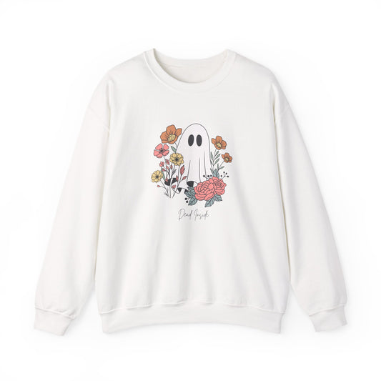 White Halloween sweatshirt with ghost and flower design and “dead inside” phrase, styled for soft spooky season fashion.