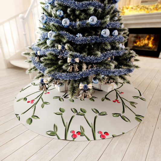 White Christmas tree skirt with green holly and red berries styled under a festive tree in a cozy living room with holiday decor and presents