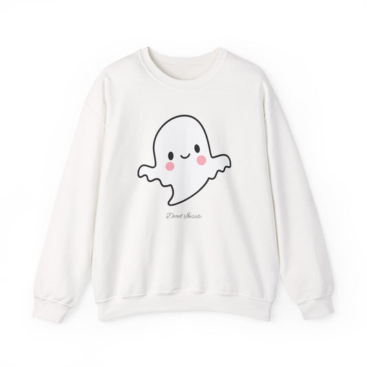 White Halloween sweatshirt with ghost illustration and “dead inside” text, styled for soft spooky season fashion.
