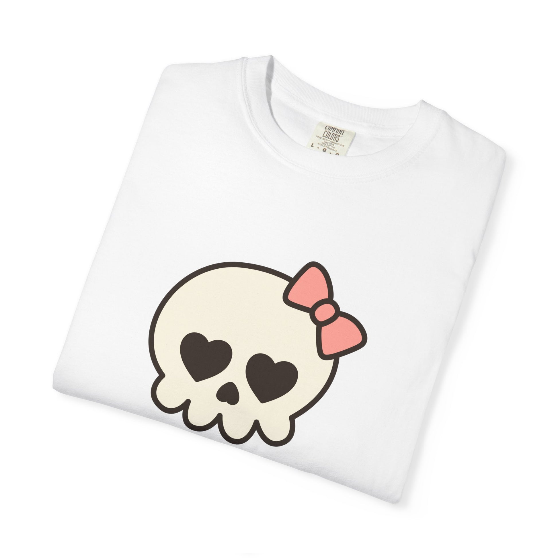 White Halloween tee with QT Skelly graphic and playful skeleton message, styled for soft and spooky fall fashion.
