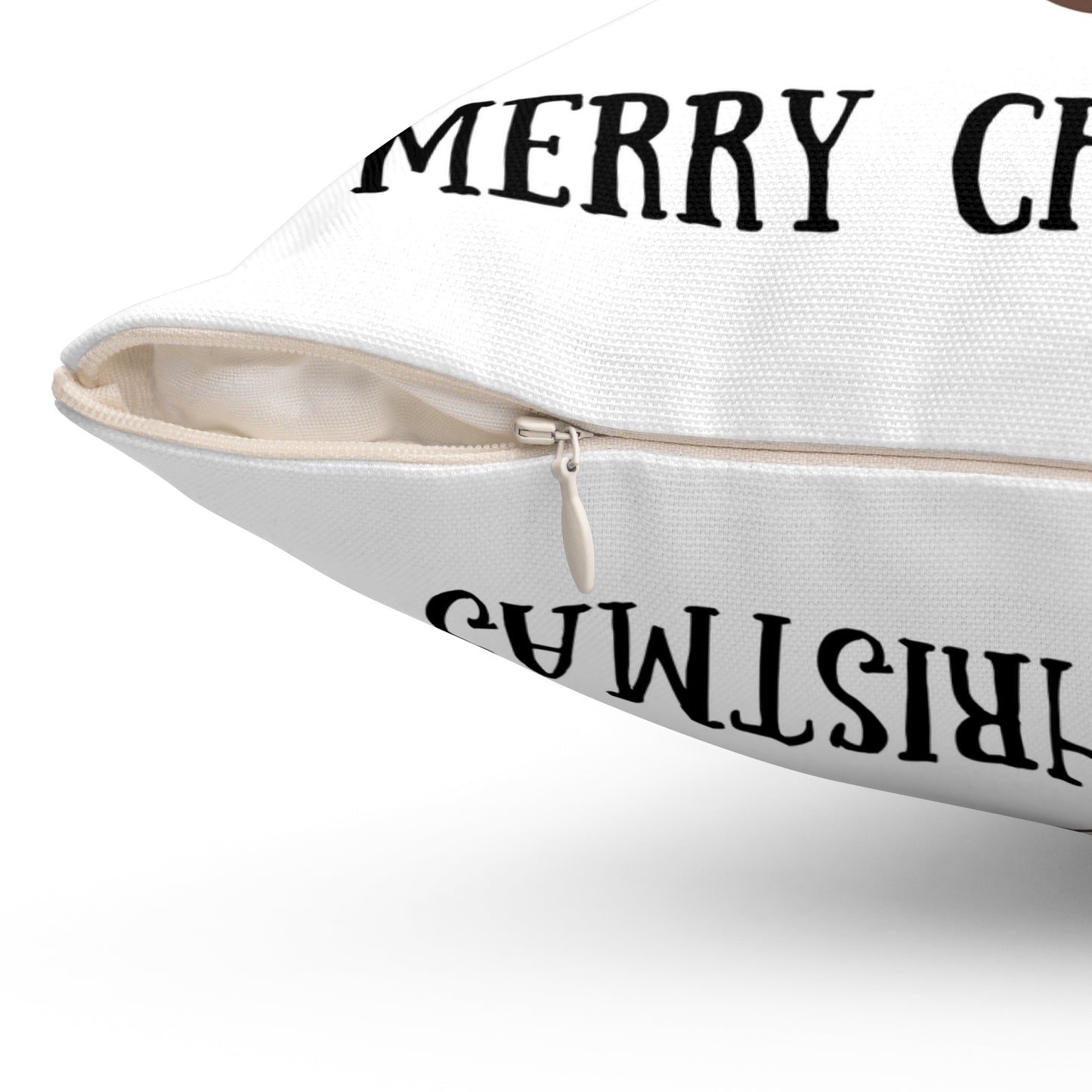 Close-up of hidden zipper on back of white holiday pillow with reindeer design showing neat stitching and cozy fabric texture