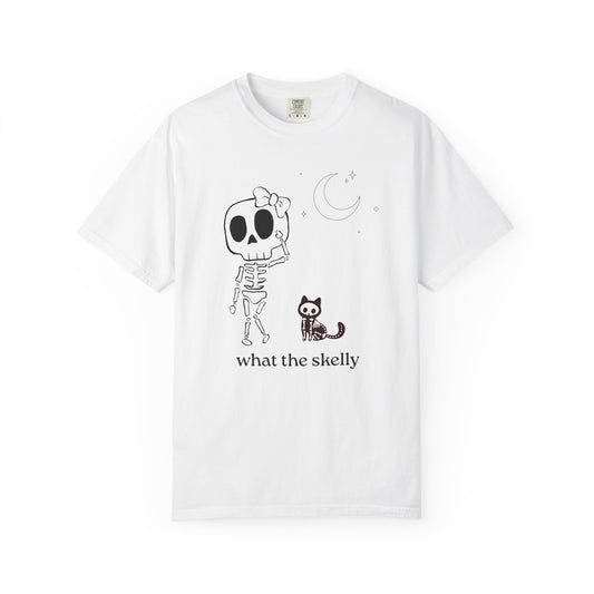 White tee with playful skeleton and cat illustration, perfect for October layering and fall festivities.