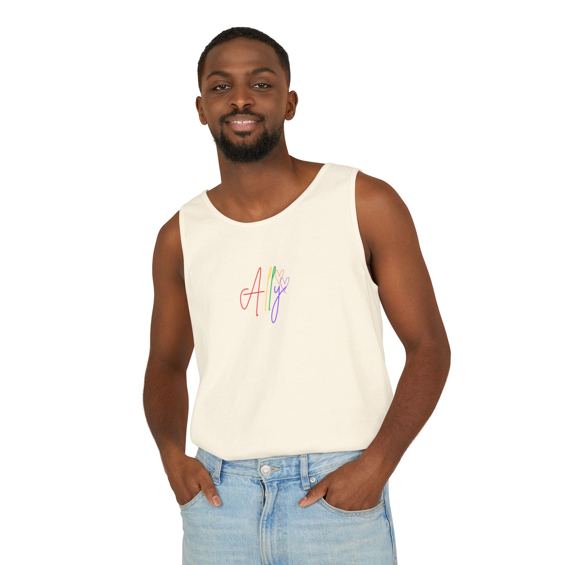 A crisp white unisex tank featuring the word "Ally" in bold rainbow text, celebrating LGBTQ+ pride and inclusivity