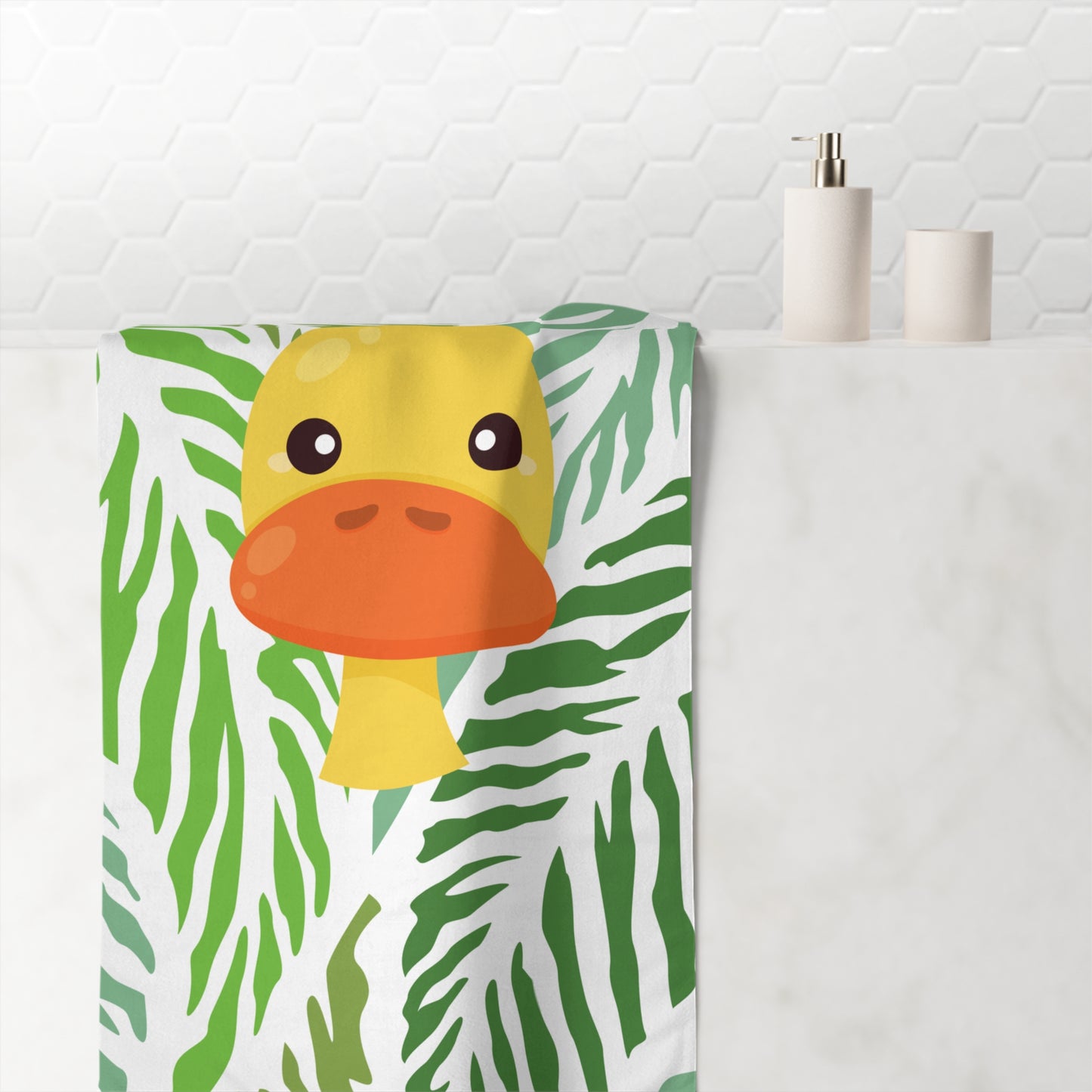 Tropical towel with cheeky duck surrounded by lush green jungle pattern – vibrant college-inspired bathroom accessory