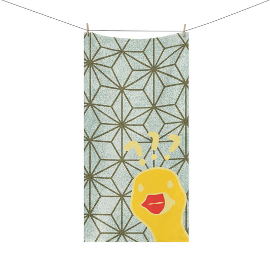 Bathroom towel with WTF duck design in green and gold geometric pattern – bold retro style for spirited home decor