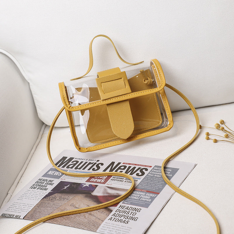 Close-up of clear purse showing yellow accents and gold chain strap