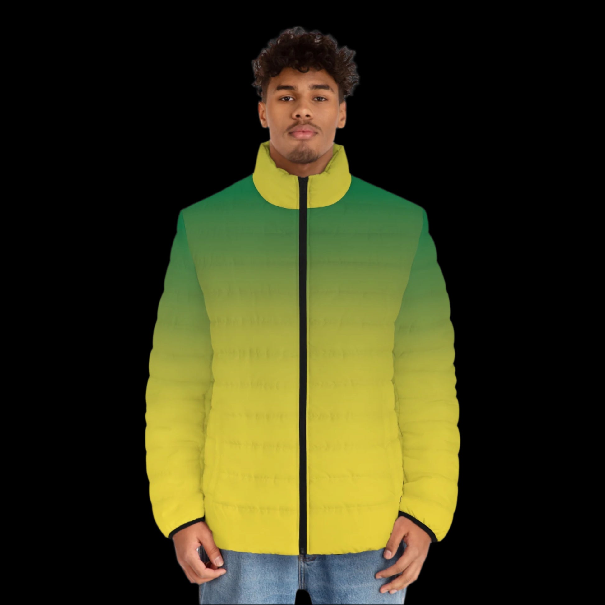 Yellow & Green Gradient Ombre Puffer Jacket featuring a bold color fade, blending warmth with stylish game-day flair.