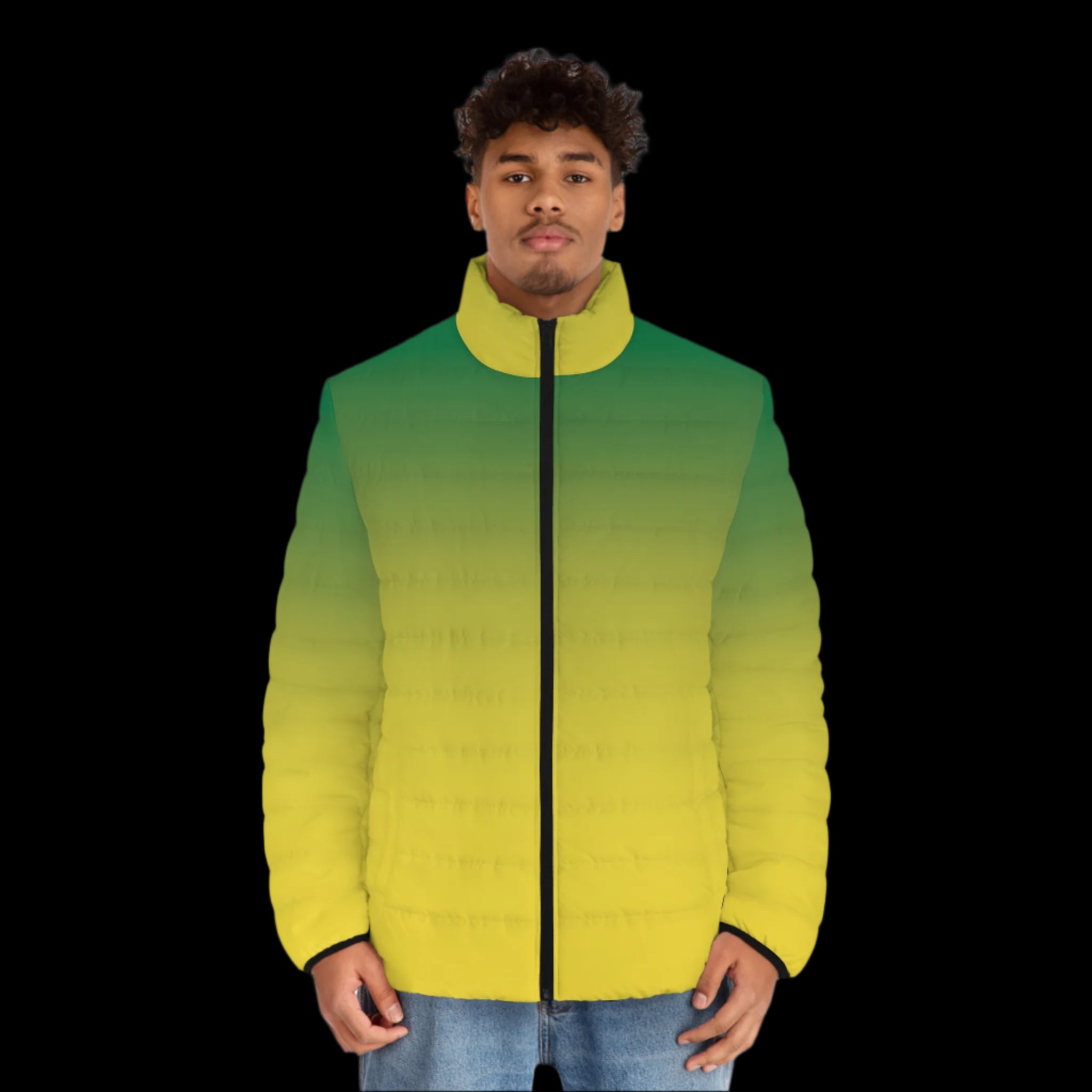 Yellow & Green Gradient Ombre Puffer Jacket featuring a bold color fade, blending warmth with stylish game-day flair.