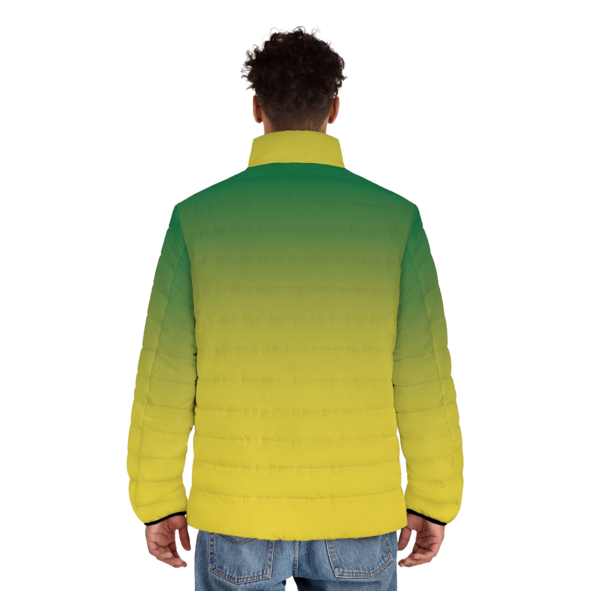 Yellow & Green Gradient Ombre Puffer Jacket worn at a football stadium, adding eye-catching fan energy to game-day style.
