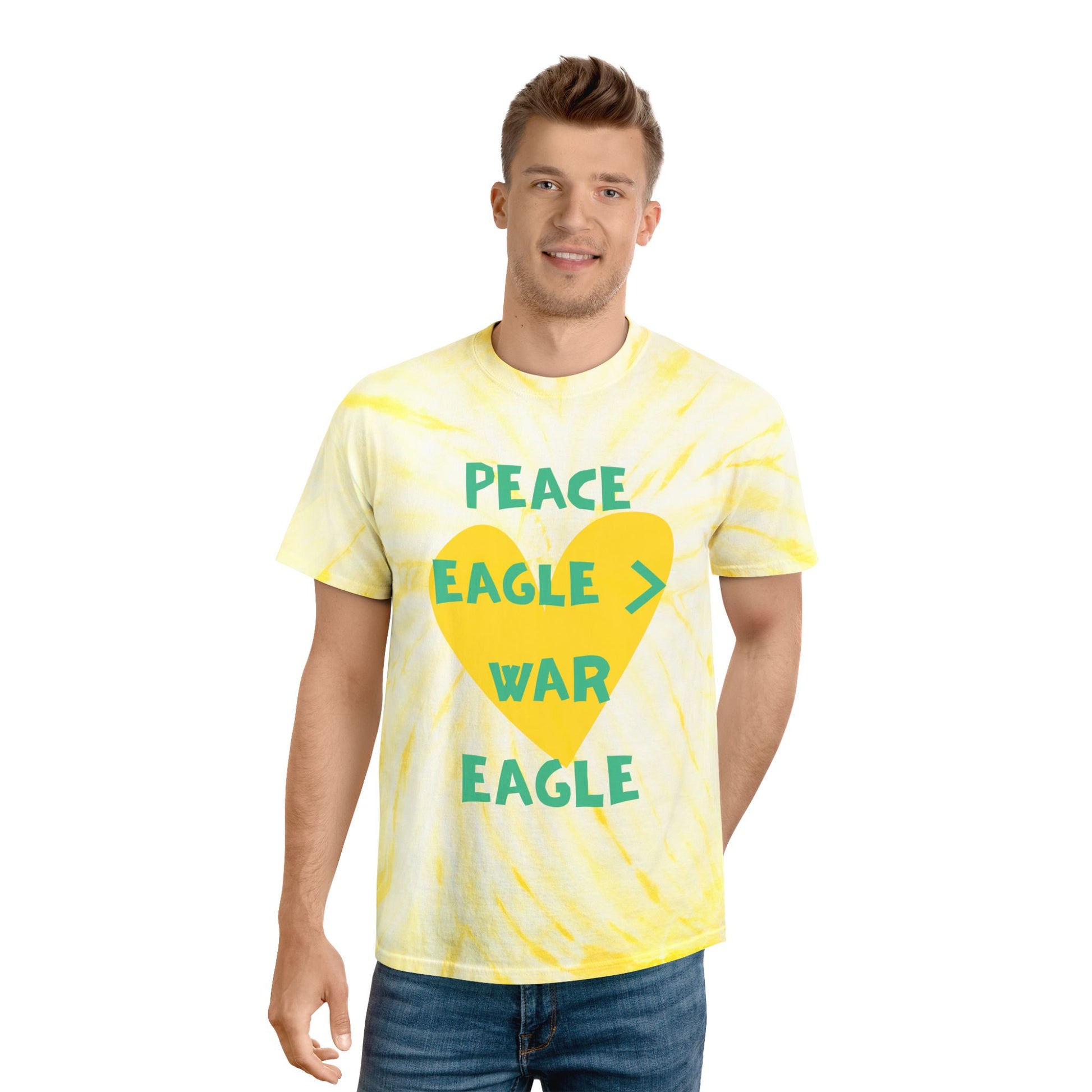 Yellow and green heart tie-dye shirt with “peace eagle > war eagle” text, styled for bold and playful college football fans.