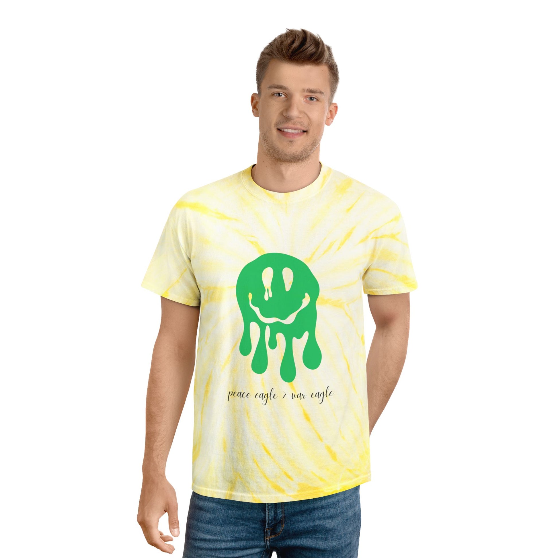 Yellow and green tie-dye shirt with melting smiley and “peace eagle > war eagle” text, styled for expressive college football fans.