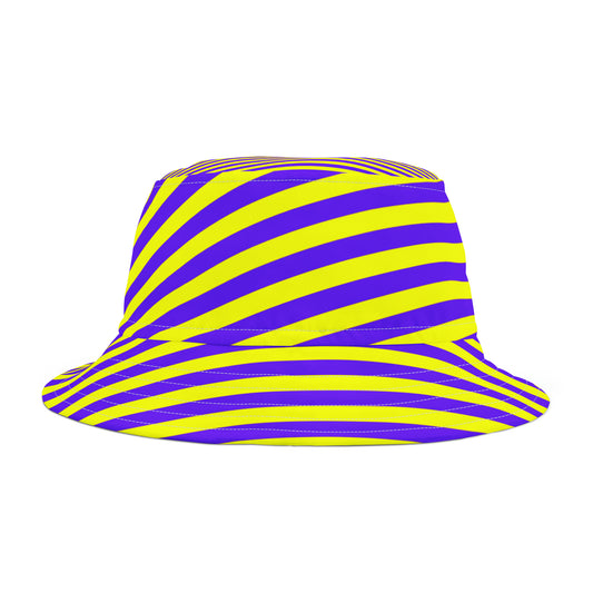 Front view of yellow and purple striped bucket hat styled for Baton Rouge tailgates—bold, breathable, and full of SEC game day energy