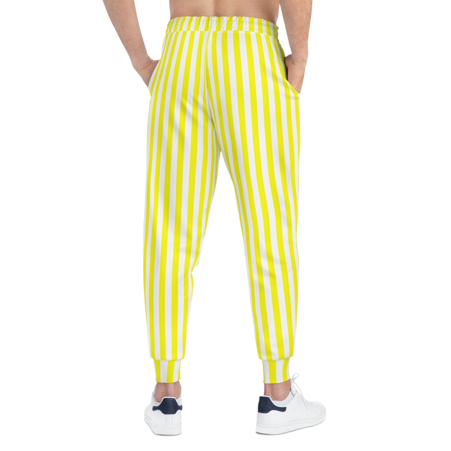Back view of yellow striped gameday joggers showing flattering fit and sporty stripes—ideal for Southern football fashion