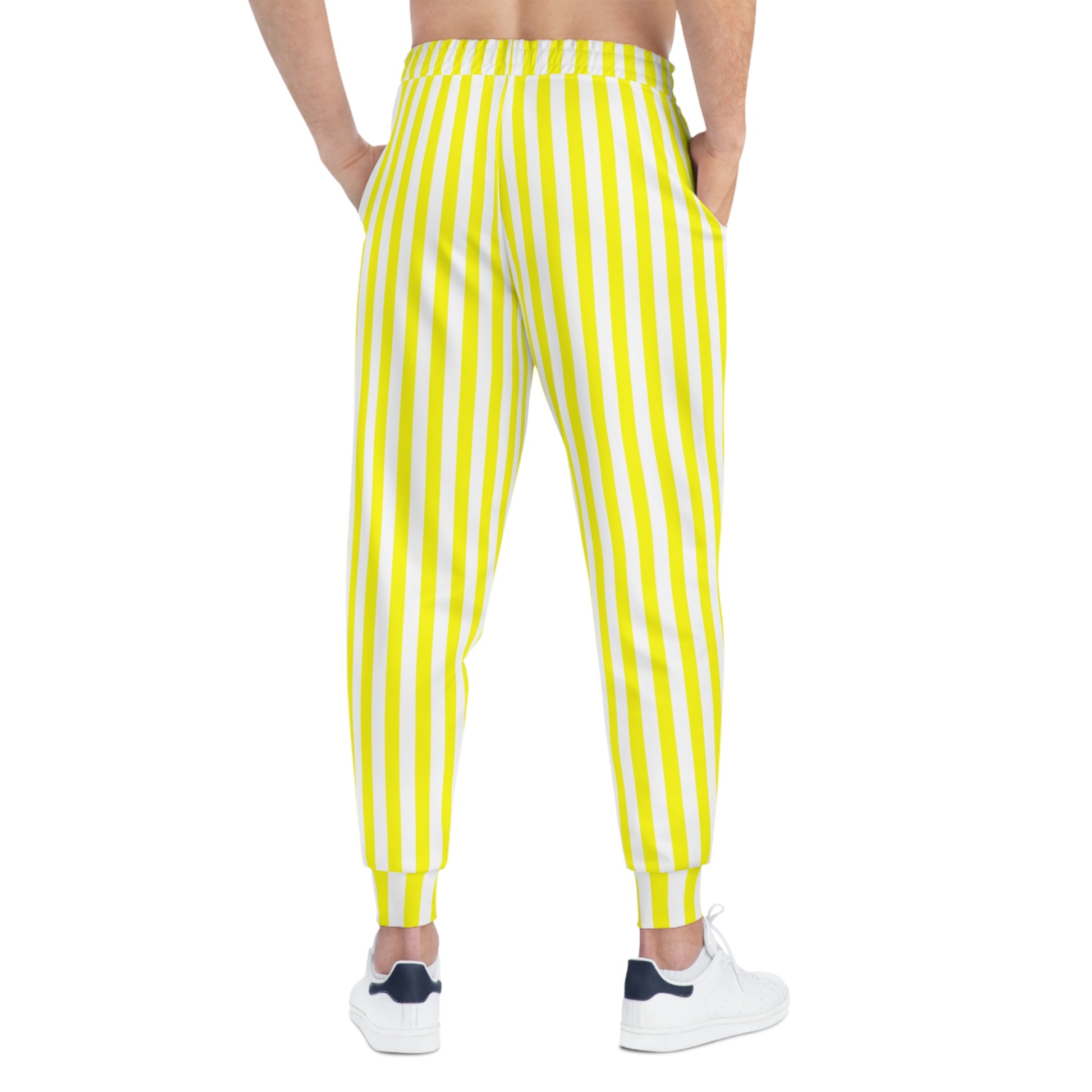 Back view of yellow striped gameday joggers showing flattering fit and sporty stripes—ideal for Southern football fashion