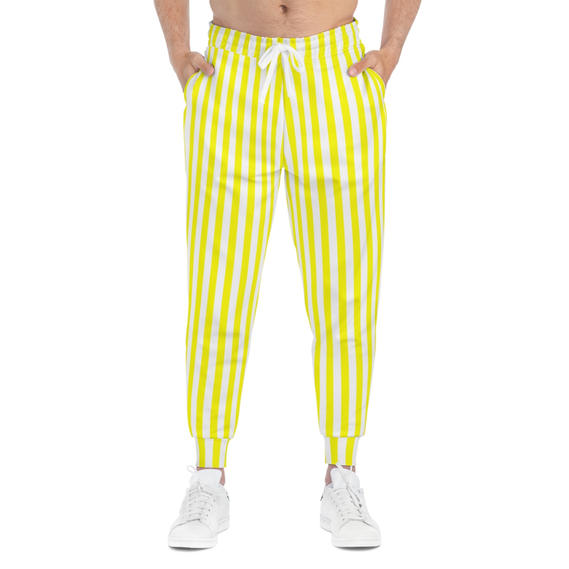 Front view of yellow striped joggers styled for Baton Rouge gameday—athletic, casual, and perfect for SEC tailgates